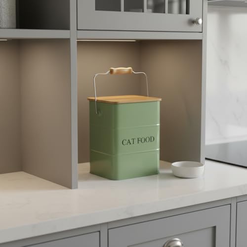 Morezi Cat food storage container storage bin with wooden lid scoop included green metal cat food container in kitchen countertop - color: Cat Food Wood Lid Green