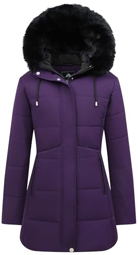 MOERDENG Women's Winter Puffer Coat Thicken Fleece Lined Down Jacket Waterproof Faux Fur Detachable Hooded Parka - color: Purple, size: 3X-Large
