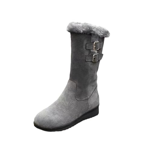 Women's Mid Length Boots Suede Snow Boots Metal Buckle Furry Wedges Booties Outdoor Thick Insulation Warm Plus Fleece shoes - color: Grey, size: 9.5