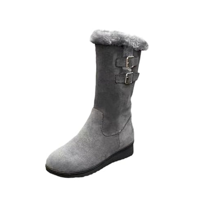 Women's Mid Length Boots Suede Snow Boots Metal Buckle Furry Wedges Booties Outdoor Thick Insulation Warm Plus Fleece shoes - color: Grey, size: 9.5