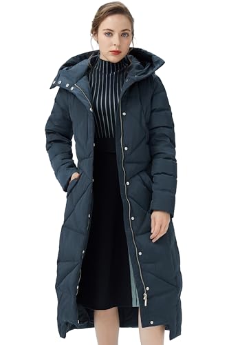 Orolay Women's Long Maxi Down Coat with Hood - 700 Fill Power RDS Certified Winter Puffer Jacket - color: Navy, size: X-Large