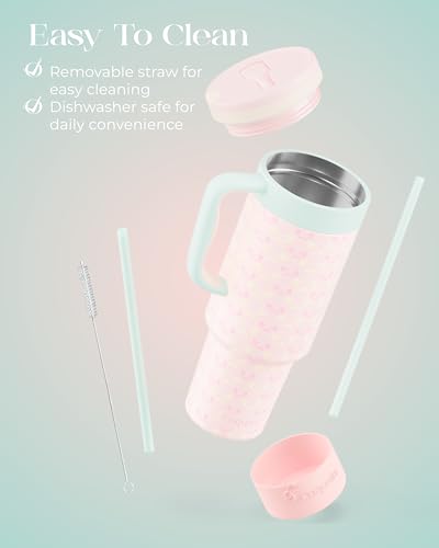 40 oz Insulated Tumbler with Handle and Push-Button Straw Lid, Stainless Steel Travel Cup for Gym Office, Leakproof, BPA-Free, Cup Holder Friendly, Bow Silicone Boot, Pink (Coquette Bloom) - color: Coquette Bloom