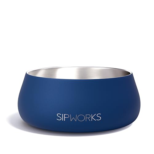 Sipworks Stainless Steel Dog Bowl – 32oz Weighted Metal Food and Water Bowls for Dogs and Cats with Non-Slip Base - Pet Bowls for All Breeds Sizes for Travel & Outdoor Play | Denim - color: Denim
