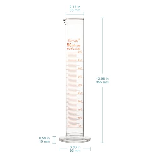 stonylab 1-Pack Graduated Cylinder, Borosilicate Glass 500 ml Heavy Wall Graduated Glass Measuring Cylinder - size: 500 ml
