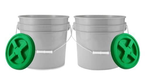 House Naturals 3.5 Gallon Food Grade Grey Bucket Pail with Green Screw on Air-Tight Lid (Pack of 4) BPA Free containers -Made in USA