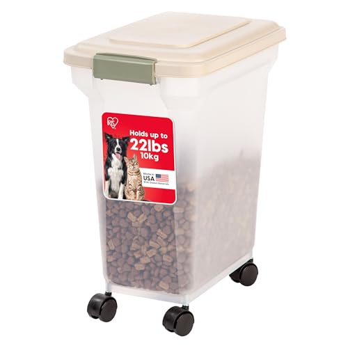 IRIS USA Airtight Dog Food Storage Container, WeatherPro, Up to 22 lbs, Removable Wheels, for Dog Cat Bird and Other Pet Food Storage Bin, Keep Fresh, Made in USA, Almond/Clear - color: Almond, size: 22 lbs