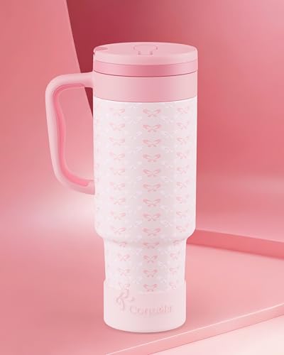 40 oz Insulated Tumbler with Handle and Push-Button Straw Lid, Stainless Steel Travel Cup for Gym Office, Leakproof, BPA-Free, Cup Holder Friendly, Bow Silicone Boot, Pink (Coquette Blush) - color: Coquette Blush