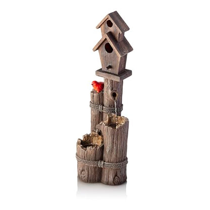 Alpine Corporation 35" Tall Outdoor 3-Tier Birdhouse Water Fountain with Cardinal Accent, Rustic Floor Decor for Garden and Patio, Brown - style: 3- Tiered Log & Branch