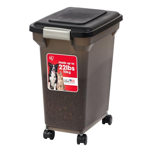 IRIS USA Dog Food Storage Container 22 lbs, WeatherPro Made in USA, Airtight Pet Food Storage Bin with Wheels for Dog Cat Bird Chicken Food, Holds Up to 22 lbs, Keep Fresh, BPA Free, Smoke - color: Smoke, size: 22 lbs
