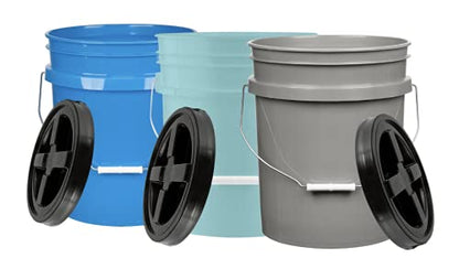 House Naturals 5 Gallon Food Grade Bucket Pail with Airtight Screw on Lid (Pack of 3) BPA Free Made in USA- 3 Colors (Aqua, Blue, Gray, Black lids)