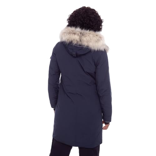 ALPINE NORTH Laurentian Women’s Vegan Down Long Parka Jacket with Faux Fur Hood - color: Navy, size: Small, style: Standard Size