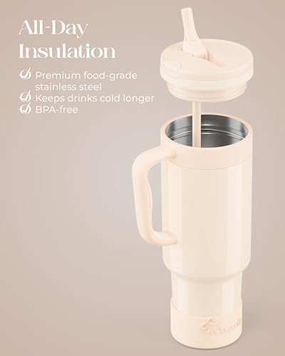 40 oz Insulated Tumbler with Handle and Push-Button Straw Lid, Stainless Steel Travel Cup for Gym Office, Leakproof, BPA-Free, Cup Holder Friendly, Bow Silicone Boot, Cream (Cloudy Cream) - color: Cloudy Cream
