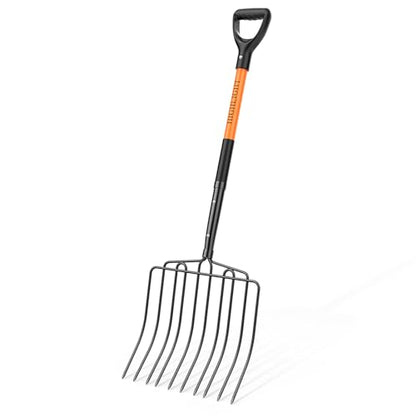 HIGHLIGHT 10-Tine Wide Head Pitch Fork for Manure & Hay, Heavy Duty with Unbreakable Fiberglass Handle, 45-Inch Ergonomic Grip
