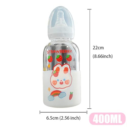 CutiePlusU Adult Glass Feeding Bottle Cute Printed Large Size Baby Bottles Rabbit 13.5Oz/400ML - color: Rabbit