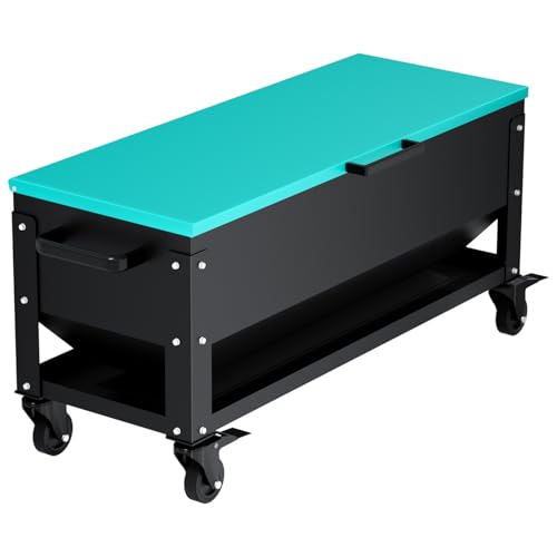 Heavy Duty Chicken Feeder 120 lbs Large Capacity, Metal Automatic Poultry Feeding Box with Waterproof Lid, Raised Standing Feeder with Wheels for Hens & Roosters, Portable & Easy to Move - color: Green
