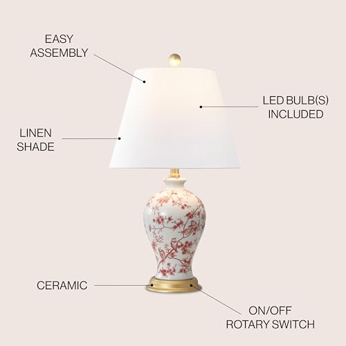 JONATHAN Y 24" White/Red French Country Ceramic Floral Urn Table Lamp, White Linen Shade, Chinoiserie Ginger Jar Bedside Lamp for Living Room Bedroom, LED Bulb (JYL3009C) - color: White/Red