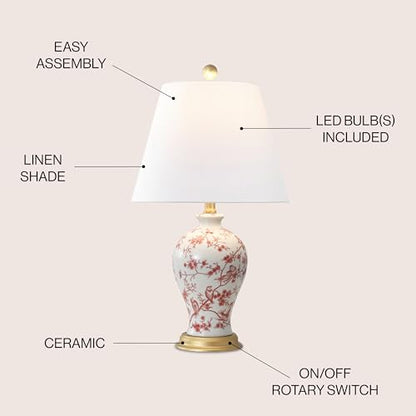 JONATHAN Y 24" White/Red French Country Ceramic Floral Urn Table Lamp, White Linen Shade, Chinoiserie Ginger Jar Bedside Lamp for Living Room Bedroom, LED Bulb (JYL3009C) - color: White/Red
