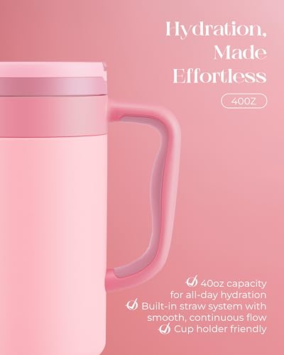 40 oz Insulated Tumbler with Handle and Push-Button Straw Lid, Stainless Steel Travel Cup for Gym Office, Leakproof, BPA-Free, Cup Holder Friendly, Bow Silicone Boot, Pink (Rose Quartz) - color: Rose Quartz