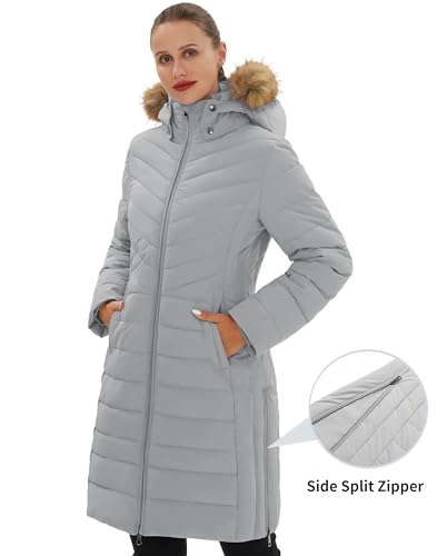 Pioneer Camp Women's Winter Coats Warm Thicken Long Puffer Jacket Waterproof Quilted Parka with Removable Faux Fur Hood - color: Light Grey, size: X-Large