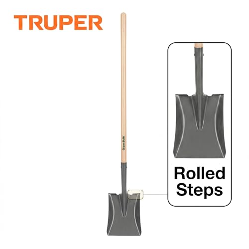 Truper Tru Built Square-Point Shovel, 45-Inch Wood Handle with 9-Inch Cushion Grip, Rolled Step Steel Blade, Heavy-Duty Scooping and Transfer Shovel (Model PCL-PE / 31174)