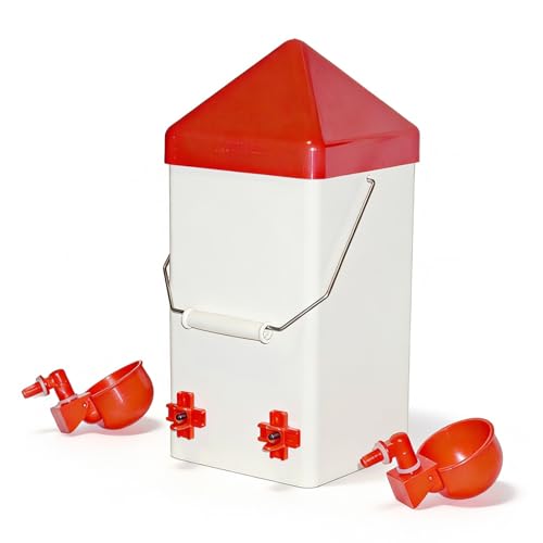 Hanging Chicken Waterer, 1 Gallon PVC Chicken Waterer with 2 Auto-Fill Cups & Horizontal Nipples, Hooks for 20mm×20mm+ Mesh, Suitable for Chicks, Chickens, Quail, Pigeons & Gamebirds
