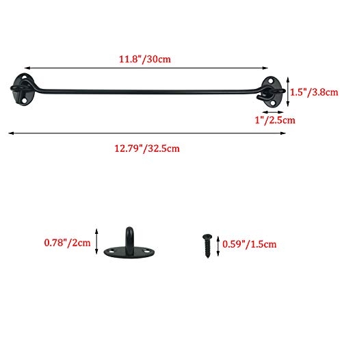 2PCS 12 Inch Stainless Steel Barn Door Hook and Eye Latch Black, Long Privacy Cabin Door Swivel Window Hook, Heavy Duty Gate Latch Holder Easy Lock- for Sliding Door, Garage, Shed, Window - size: 12 Inch - Black