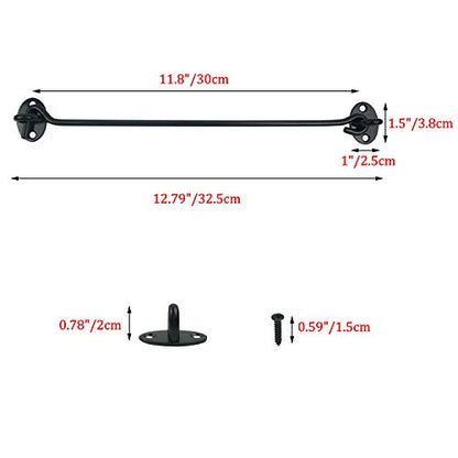 2PCS 12 Inch Stainless Steel Barn Door Hook and Eye Latch Black, Long Privacy Cabin Door Swivel Window Hook, Heavy Duty Gate Latch Holder Easy Lock- for Sliding Door, Garage, Shed, Window - size: 12 Inch - Black