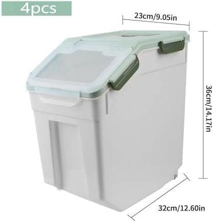 4 Pack Grain Food Storage Container, 20LB Airtight Rice Bin Storage Bucket with Spoon and Measuring Cup, Large Flour Dispenser Container Set 80LB Total Capacity, Green - color: 30lbs,4Pcs,Green