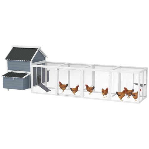 PawHut Extra Large Chicken Coop with 2 Nesting Box, 156" Wooden Hen House Poultry Cage with Extra Long Run Cage, Waterproof Wave Roof, Perches, Swings, for 10-15 Chickens, Rabbits, Ducks, Light Gray