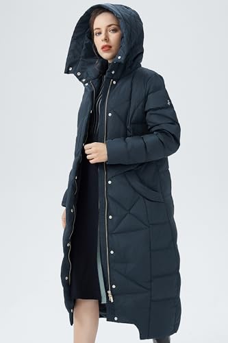 Orolay Women's Long Maxi Down Coat with Hood - 700 Fill Power RDS Certified Winter Puffer Jacket - color: Navy, size: Small