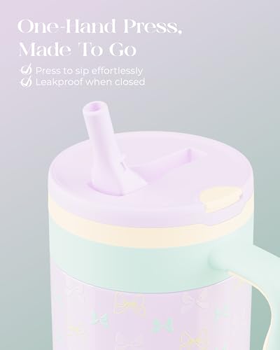 40 oz Insulated Tumbler with Handle and Push-Button Straw Lid, Stainless Steel Travel Cup for Gym Office, Leakproof, BPA-Free, Cup Holder Friendly, Bow Silicone Boot, Purple (Bow Lilac) - color: Bow Lilac