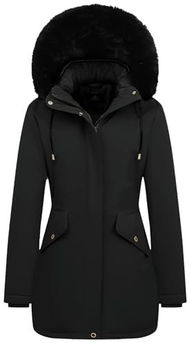 MOERDENG Women's Long Winter Down Coat Thicken Fleece Lined Parka Warm Puffer Jacket With Faux Fur Detachable Hood - color: Black, size: Medium
