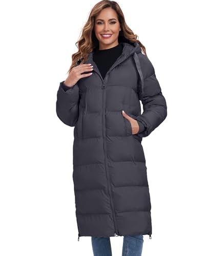 HOTIAN Womens Winter Maxi Long Puffer Coat Thicken Hooded Down Quilted Padded Jacket Winter Warm Outerwear - color: Grey, size: Medium