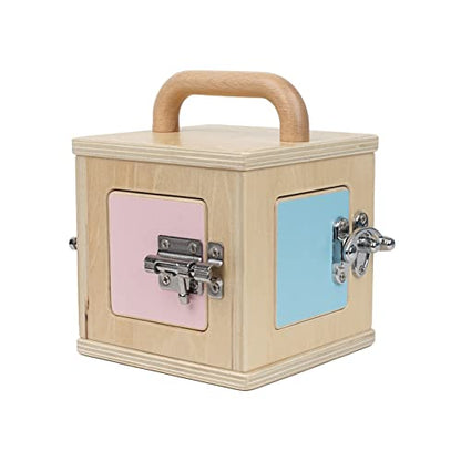 Montessori Wooden Lock Box with 4 Doors — Fine Motor Skills Activity Board for Toddlers 1-4, Problem Solving Toy with Different Lock Mechanisms, Natural Beech Wood Educational Gift