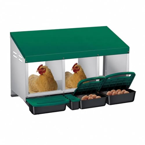 Chicken Nesting Boxes Heavy Duty 3-Compartment Metal Roll-Away Egg Collection, Ventilated Wall Mount or Stand, Pull-Out Trays, Secure Lid – Green, Three Grids - color: Green, size: 3 Holes