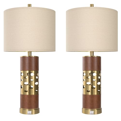 KIVDITZO 27.5" Rustic Living Room Table Lamps Set of 2 with Night Light, Leather Table Lamps with USB A+C Ports for Bedroom, Bedside Lamp with Linen Shade for Office Bedroom Nightstand(Bulb Included)