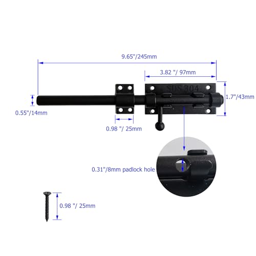 10 Inch Barrel Bolt Latch, 304 Stainless Steel Heavy Duty Gate Latch Slide Lock with Padlock Hole, 14mm Dia.Rod Security Sliding Bolt Gate Latch for Wooden Fence, Door Latch - Black - size: 10 Inch - Black