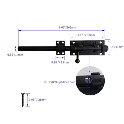 10 Inch Barrel Bolt Latch, 304 Stainless Steel Heavy Duty Gate Latch Slide Lock with Padlock Hole, 14mm Dia.Rod Security Sliding Bolt Gate Latch for Wooden Fence, Door Latch - Black - size: 10 Inch - Black