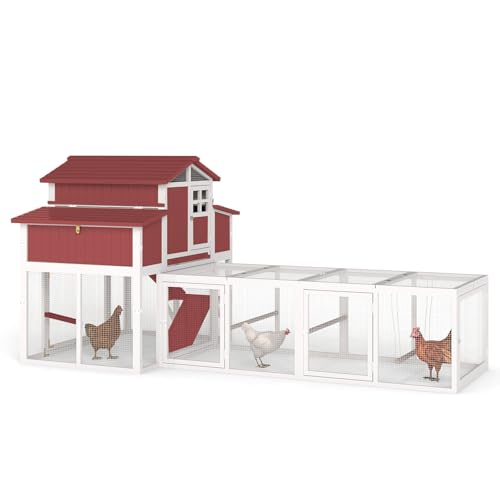 Gowoodhut 115.36" L 2-Story Chicken Coop with Extra Run Cage,Chicken House Hen House with 2 Large Nesting Boxes,Expandable Poultry Cage for 4-6 Chicken with 4 Perching Bars,Pull-Out Tray,Ramps(RED) - size: PET85+Extra Run Cage-Red