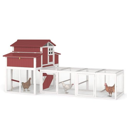 Gowoodhut 115.36" L 2-Story Chicken Coop with Extra Run Cage,Chicken House Hen House with 2 Large Nesting Boxes,Expandable Poultry Cage for 4-6 Chicken with 4 Perching Bars,Pull-Out Tray,Ramps(RED) - size: PET85+Extra Run Cage-Red