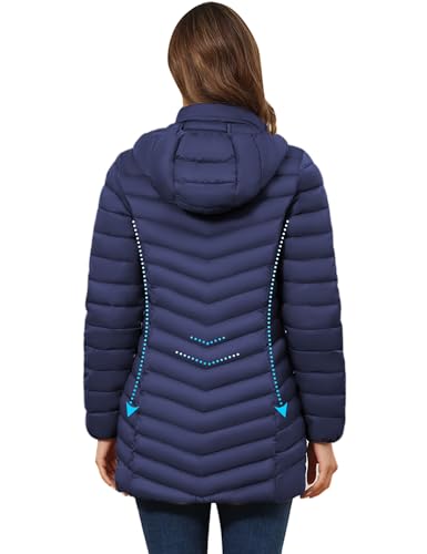 ROYAL MATRIX Women's Packable Puffer Jacket - Lightweight Winter Warm Long Quilted Puffer Coat with Detachable Hood - color: Navy Blue, size: 3X-Large