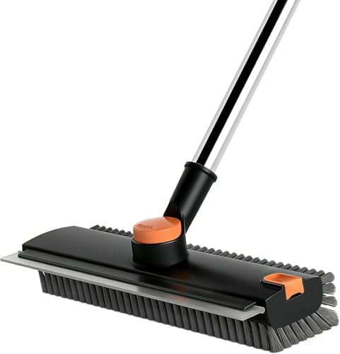 4 in 1 Floor Scrub Brush with Squeegee Long Handle Grout Brush 52'' 2026 Upgraded Multi-Functional Stiff Bristle Cleaning Scrub Brush Rotating Tile Brush for Cleaning Bathroom Patio, Pool, Garage