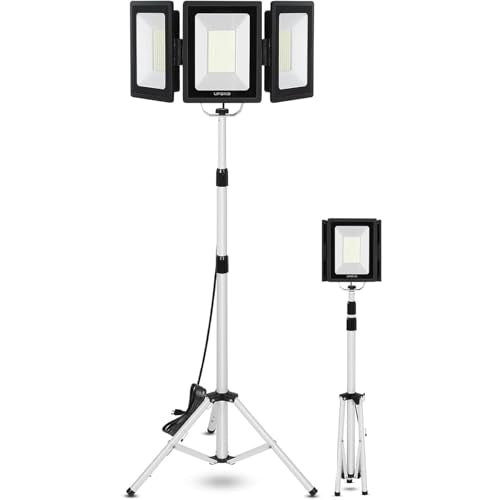 UFOND 21000 Lumens LED Work Light with Stand, 3-Head Foldable White Worklight with Separate Switches, Telescoping Tripod 10Ft Cord, Waterproof Job Site Light, for Garage Construction Camping - size: 3 Head Work Light