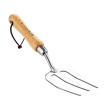 Berry&Bird Gardening Hand Fork, Stainless Steel Hand Weed Fork, Traditional Garden Hand Fork Tool with Ergonomic Ash Wood Handle for Weeding, Digging, Planting and Cultivating - size: 14.1inch