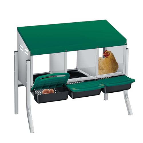 Chicken Nesting Box 3-Compartment Roll-Out with Pull-Out Trays, Egg Nesting Boxes for Hens, Chicken Coop Laying Box,Easy Wall Mounting with Metal Legs - color: green, size: 3 holes with legs