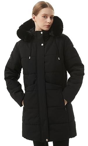 MOERDENG Women's Winter Puffer Coat Thicken Fleece Lined Down Jacket Waterproof Faux Fur Detachable Hooded Parka - color: Black, size: XX-Large