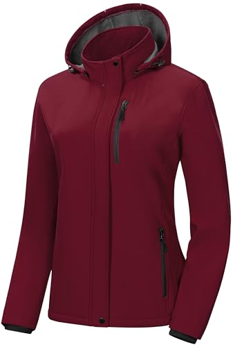 Pursky Women's Softshell Jacket Lightweight Fleece Lined Rain Jacket Waterproof Warm Windbreaker Coat With Removable Hood - color: Burgundy, size: X-Large