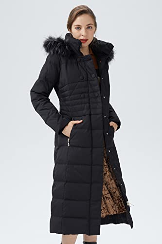 Orolay Women Warm Down Jacket with Hood Fur Long Puffer Coat - color: Black, size: Large
