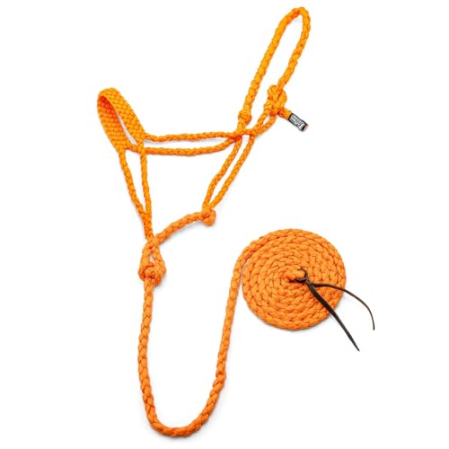 Jeffers Equine Braided Mule Tape Halter with 10' Detachable Lead Rope Set for Horses, 14 to 18 Hands - Stylish Design with Adjustable Poll Strap, Easy to Use Western Tack - Orange - color: Orange