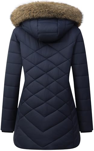 Women's Long Warm Winter Coat Windproof Thickened Fleece Lined Down Jacket Waterproof Puffer Outerwear with Removable Hood - color: Navy, size: Small